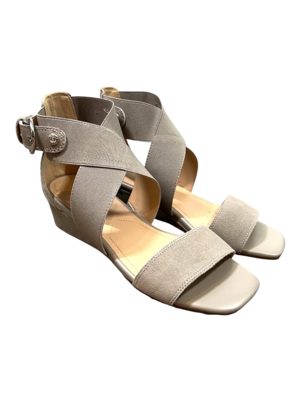 NIB NYDJ Callie Wedge Sandals w Crisscross Straps in Gray Sz 8.5